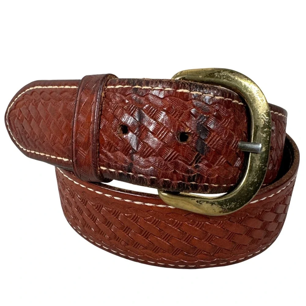 Cabelas Mens 32 Brown Basketweave Tooled Leather Belt Solid Brass Buckle Western